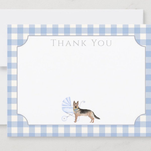 Blue Gingham Check German Shepard Dog Baby Shower Thank You Note