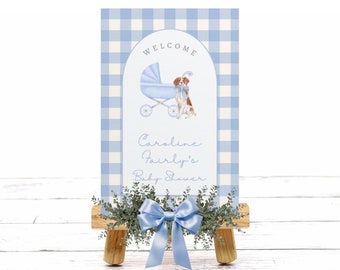 Puppy Gingham Check Baby Shower Welcome Sign