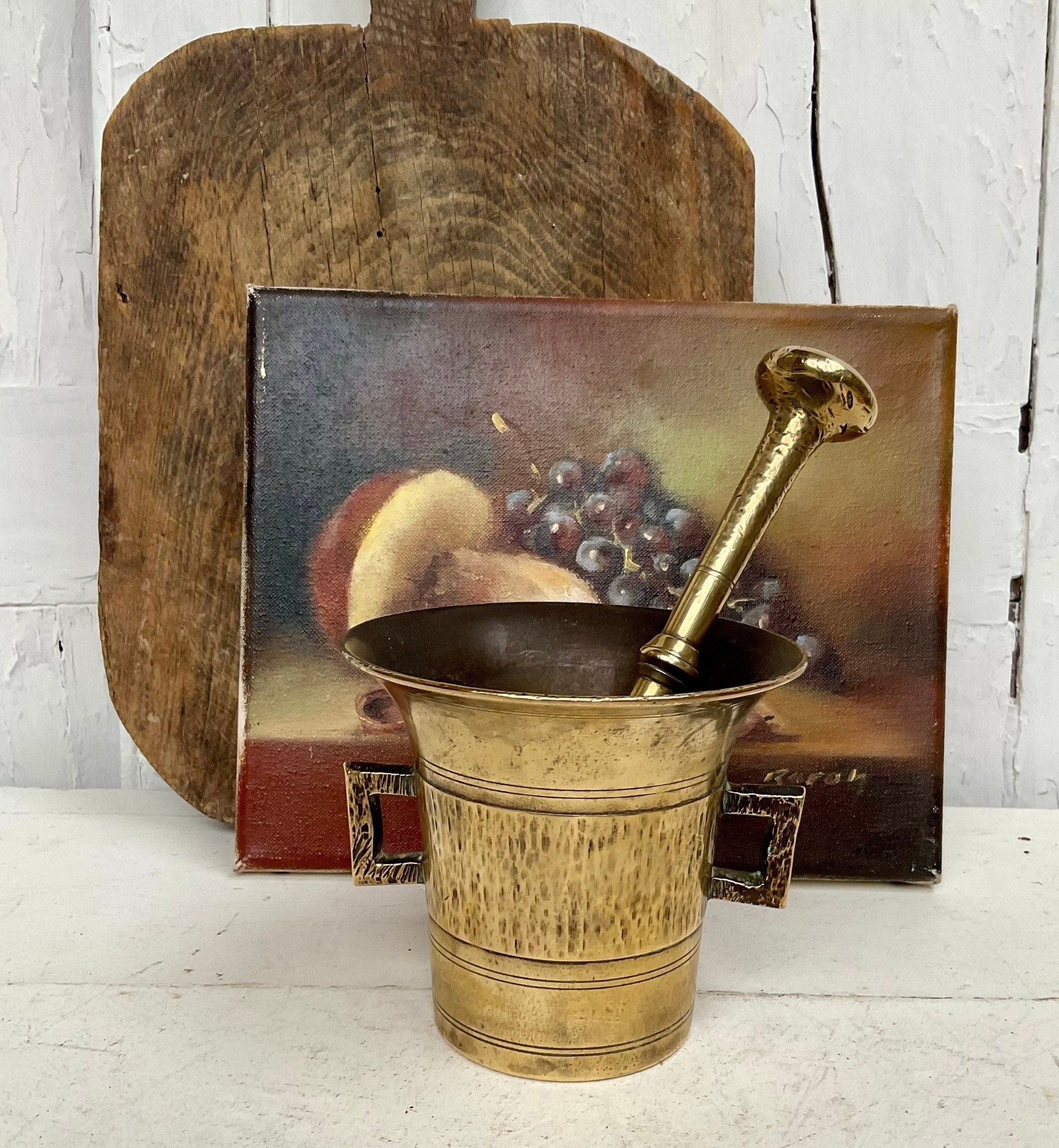 Antique Trench Art Fait à La Main Grand Pilon en Laiton et Mortier Apothecary Set