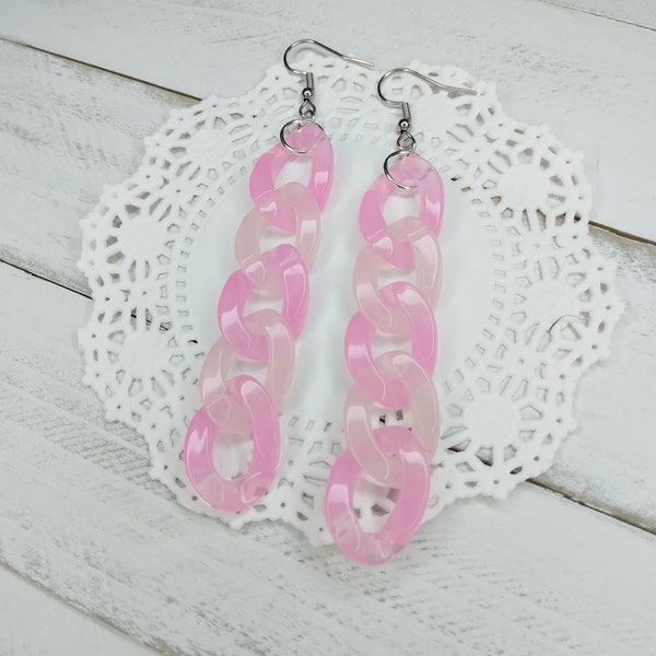 Pink Jelly Chain Link Earrings Kawaii Jewelry Acrylic Surgical Steel Pastel Aesthetic Kandi Decora Cute Funky