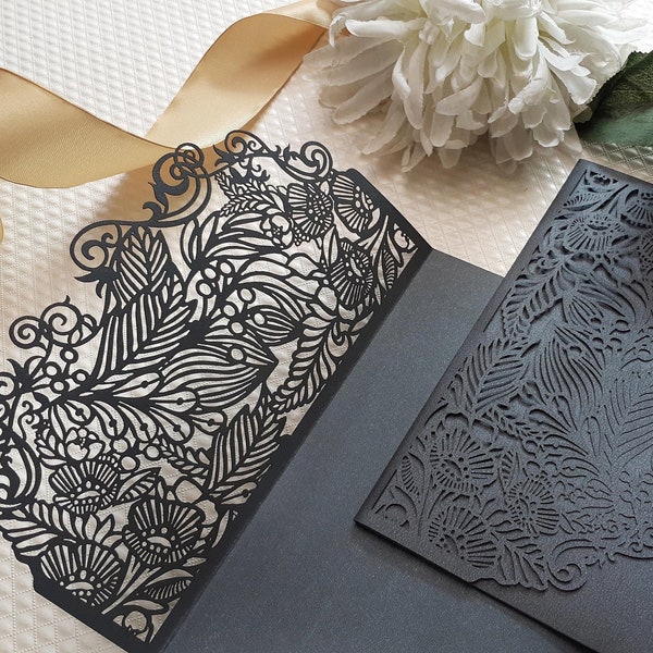 Laser Cut Invitation Covers Pocket ONLY - Foliage, 3 Fold Pocket, 3 Colors