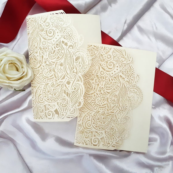 Laser Cut Invitation Covers Pocket ONLY - Paisley, 3 Fold Pocket, 2 Colors