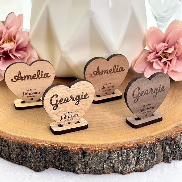 Wooden Heart Wedding Place Names, Laser cut Personalised Keepsake Favours, Beautiful Oak or Walnut Rustic Table decor, Party Seating Plan