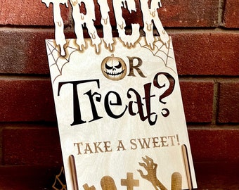 Trick or Treat Halloween Sign, Take a Sweet, Paintable Halloween Decor Pumpkin Porch Plaque for Sweet Candy Bowl, Spooky Season kids project