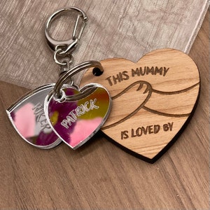 Mothers Day Keyring Gift, Wooden Engraved Heart Token with Names Charms and Organza Gift Bag, Pocket Hug For Mum, Gran, Nanny, Mama Bear