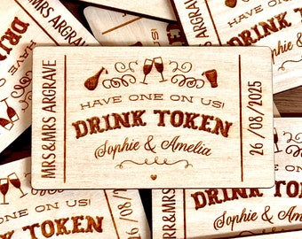 Personalised Drink Tokens for wedding, Laser Cut Wooden Bar Drinks Tickets, Modern Wedding Table Favour, Guest Engraved Keepsake