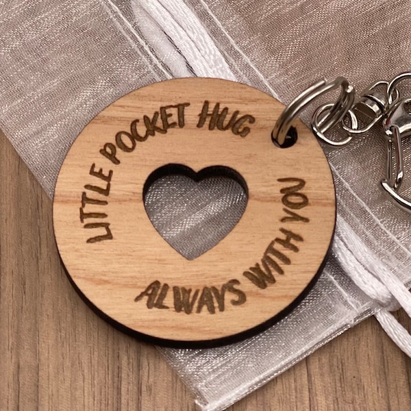 Little Pocket Hug Keyring Gift, Wooden Engraved Heart Token with Organza Gift Bag, Mothers Day