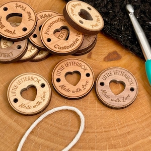 Custom Wooden Knit Crochet Clothing Button Tag. Circle Heart cutout, made with love by sew on personalised branding logo for knitted crafts
