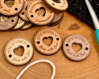 Custom Wooden Knit Crochet Clothing Button Tag. Circle Heart cutout, made with love by sew on personalised branding logo for knitted crafts