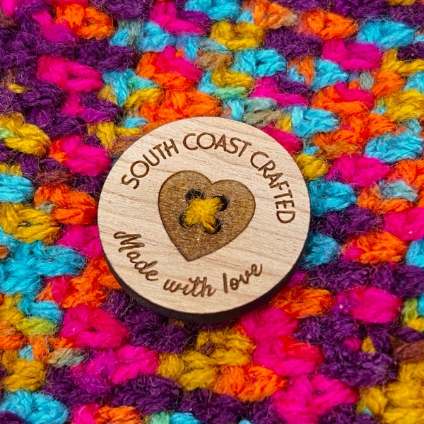 Custom Wooden Knit Crochet Clothing Big Button Tag. Circle Heart Engraved, made with love by sew on personalised branding logo for crafts