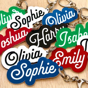 Personalised Name Keyring, Custom Engraved Acrylic Bag Tag, Backpack Accessory, Kids Party Favours