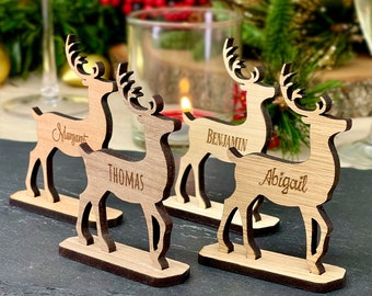 Personalised Christmas Reindeer Place Settings, Wood engraved names on stand. Rustic customised seat cards festive table decorations idea