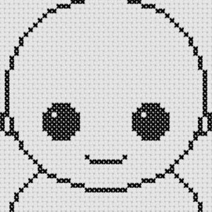 May include: Black and white pixel art cross stitch pattern of a smiling alien with large eyes.