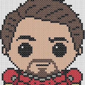 May include: A pixel art style illustration of Iron Man in his red and gold armour. He has a small, cartoonish face with a determined expression.