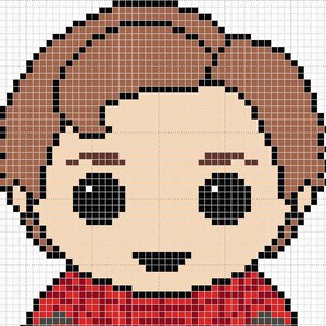 May include: A pixel art pattern of a person with brown hair, large black eyes, and light skin tone. The figure is wearing a red shirt with a grid overlay. The design is presented on a white background with a visible black grid for cross-stitching.