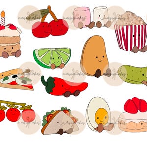Puede incluir: Una colecci&oacute;n de 12 ilustraciones de comida de dibujos animados con caras sonrientes. Los alimentos incluyen un pastel, cerezas, una lima, un aguacate, un pepinillo, un chile, una pizza, tomates, un s&aacute;ndwich, un huevo y dos pasteles con fresas.