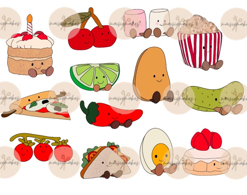 Puede incluir: Una colecci&oacute;n de 12 ilustraciones de comida de dibujos animados con caras sonrientes. Los alimentos incluyen un pastel, cerezas, una lima, un aguacate, un pepinillo, un chile, una pizza, tomates, un s&aacute;ndwich, un huevo y dos pasteles con fresas.