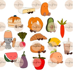 Puede incluir: Una colecci&oacute;n de 15 ilustraciones de comida de dibujos animados con caras sonrientes. Los alimentos incluyen un pretzel, un croissant, un lim&oacute;n, un melocot&oacute;n, una sand&iacute;a, una berenjena, una fresa, una zanahoria, un aguacate, una pila de panqueques, un panecillo, un pan dulce, un huevo en un porta huevos, un trozo de queso brie y un vaso de boba tea.