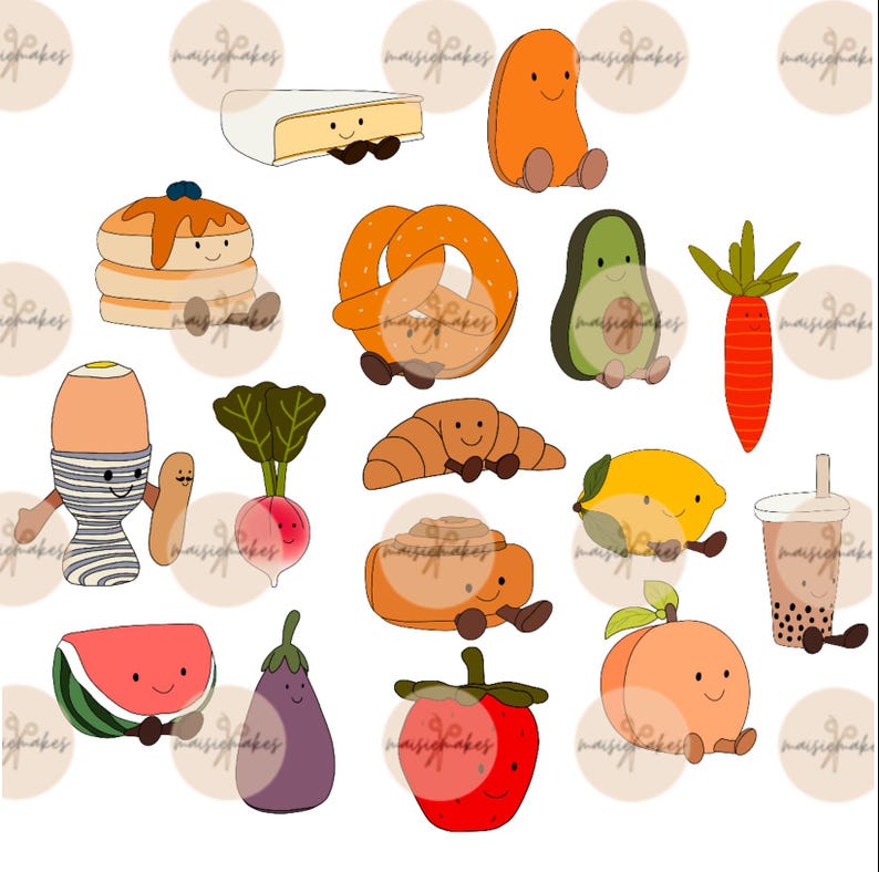 Puede incluir: Una colecci&oacute;n de 15 ilustraciones de comida de dibujos animados con caras sonrientes. Los alimentos incluyen un pretzel, un croissant, un lim&oacute;n, un melocot&oacute;n, una sand&iacute;a, una berenjena, una fresa, una zanahoria, un aguacate, una pila de panqueques, un panecillo, un pan dulce, un huevo en un porta huevos, un trozo de queso brie y un vaso de boba tea.