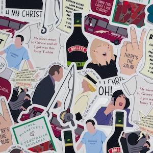 May include: A selection of stickers with diverse designs and text. Some stickers feature illustrations of people, food, and phrases like "My niece went to Greece and all I got was this lousy T-shirt." Other stickers include the text "Baileys".