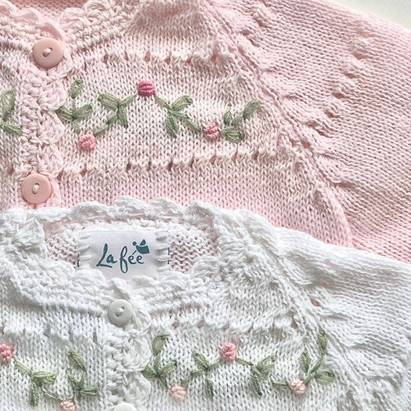 Elegant baby sweater, handmade cardigan, baby girl sweater, hand knitted, floral design, Embroided roses flowers, Sizes 3/6/9 months