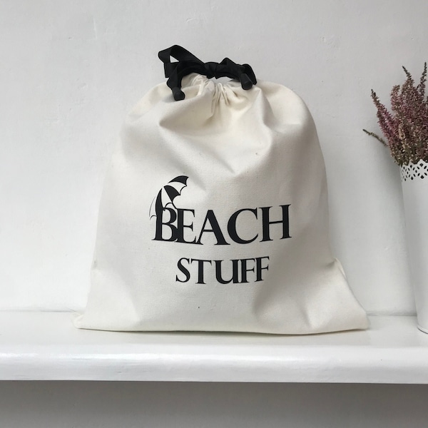 BEACH STUFF bag. Travel bag. Cotton bag. Personalized bag. Swimsuit bag. Drawstring bag. Handmade bag.