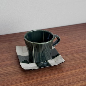 Handmade Japanese Green & Ivory Checkered Ceramic Mug and Saucer Set | Abstract Mugs | Vintage Mugs | Retro Mug Set | Handcrafted Ceramics