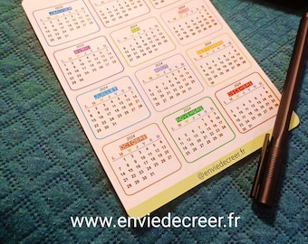 Stickers mini monthly calendars in French for diary, notebook or organizer