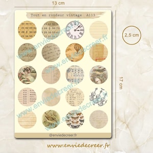Autocollants ronds 2,5 cm pour collage, journaling, carnet, scrapbooking. Thème vintage neutre, texte, musique, papillons, cartes, horloge.