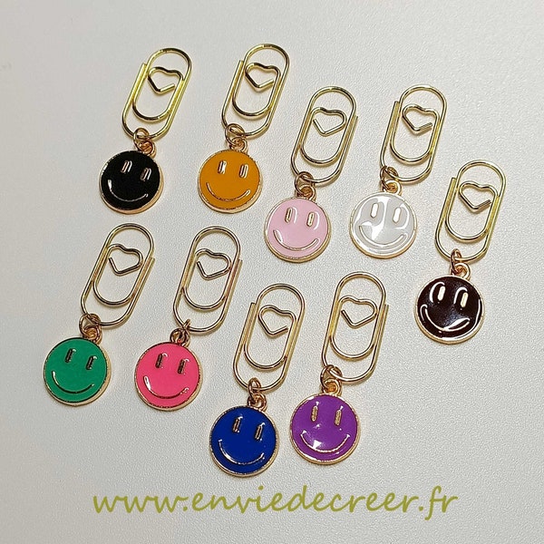 Trombone doré forme coeur avec charm smiley pour décoration de carnet ou de journal, marque page pour votre livre en cours ou votre planner