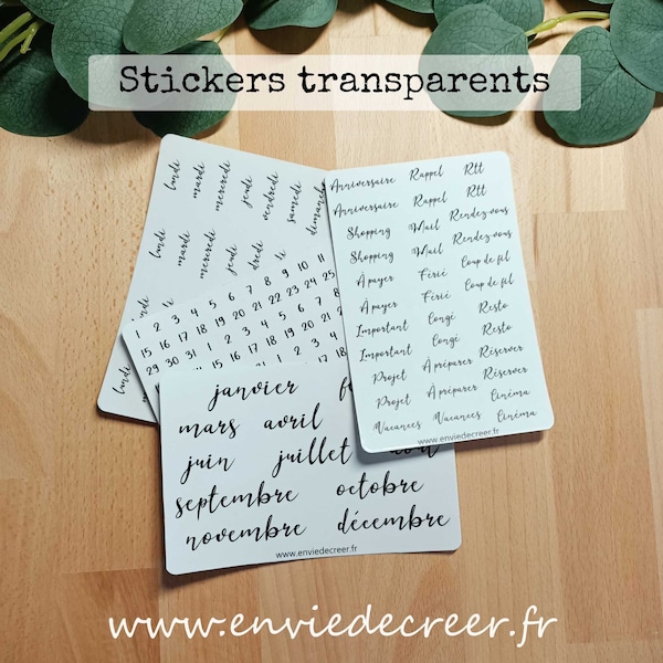 Stickers transparents jours mois dates et mots courants pour votre organisation. Pour carnet - journal - planner