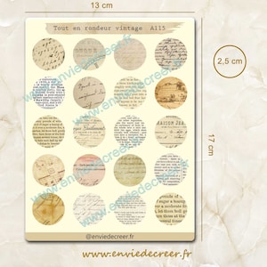 Autocollants ronds 2,5 cm pour collage, journaling, carnet, scrapbooking. Thème vintage neutre, avec différents fonds de texte