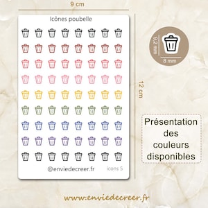 Planche de stickers mini icônes Poubelle pour planner, journal, agenda ou carnet - En noir ou en couleurs, stickers fonctionnels