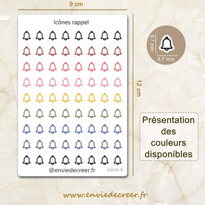 Planche de stickers mini icônes cloche de Rappel pour planner, journal, agenda ou carnet - En noir ou en couleurs, stickers fonctionnels