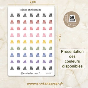 Planche de stickers mini icônes Anniversaire pour planner, journal, agenda ou carnet - En noir ou en couleurs, stickers fonctionnels