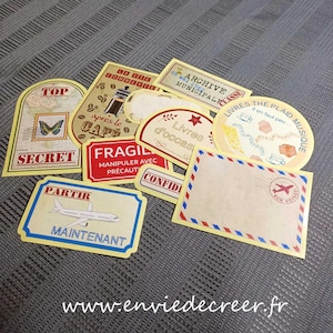 Lot de 10 grands stickers uniques, style vintage - pour journal, carnet de voyage, agenda ou planner. Système ingénieux de double découpe