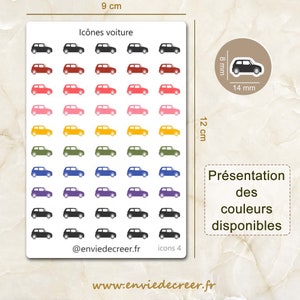 Planche de stickers mini icônes Voiture pour planner, journal, agenda ou carnet - En noir ou en couleurs, stickers fonctionnels