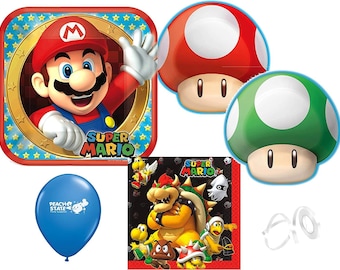 Super Mario Birthday Party Supplies Bundle with Dinner Plates, Shaped Cake Plates, and Napkins for 8 Guests