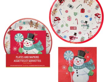 Peppermint Twist Snowman Holiday and Christmas Party Plates and Napkins Bundle for 30 Guests