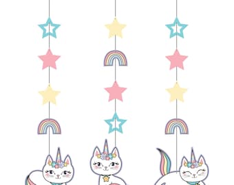 Kitty Cat Sassy Caticorn Hanging Swirl Decorations - 3ct