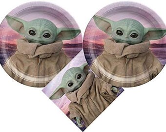 Star Wars The Mandalorian Baby Yoda Party Supplies Bundle | Baby Yoda Plates | Baby Yoda Napkins | Baby Yoda Cups | Baby Yoda Table Cover