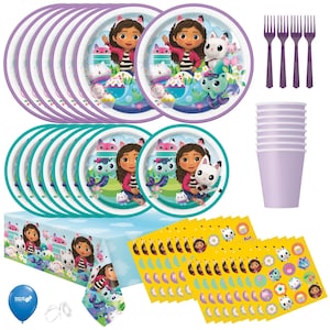 Gabby&#39;s Dollhouse Birthday Party Supplies Bundle w/ Gabby&#39;s Dollhouse Lunch Plates, Cake Plates, Napkins, Table Cover, Cups, & Forks for...