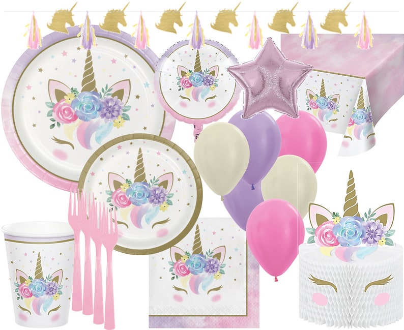 Unicorn Party Supplies Pack Tbl Set for 8 w/Deco