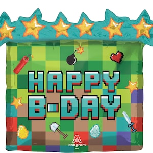May include: A green, red and blue pixelated balloon with the text "Happy B-Day" in a video game style. The balloon has a border of yellow stars.