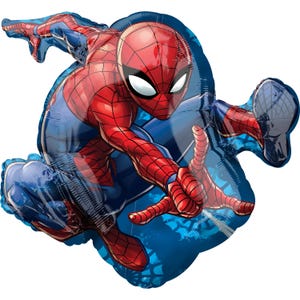 May include: A red and blue foil balloon featuring a superhero character in a red and blue suit with a spider web design. The character is in a web-slinging pose with a blue background.