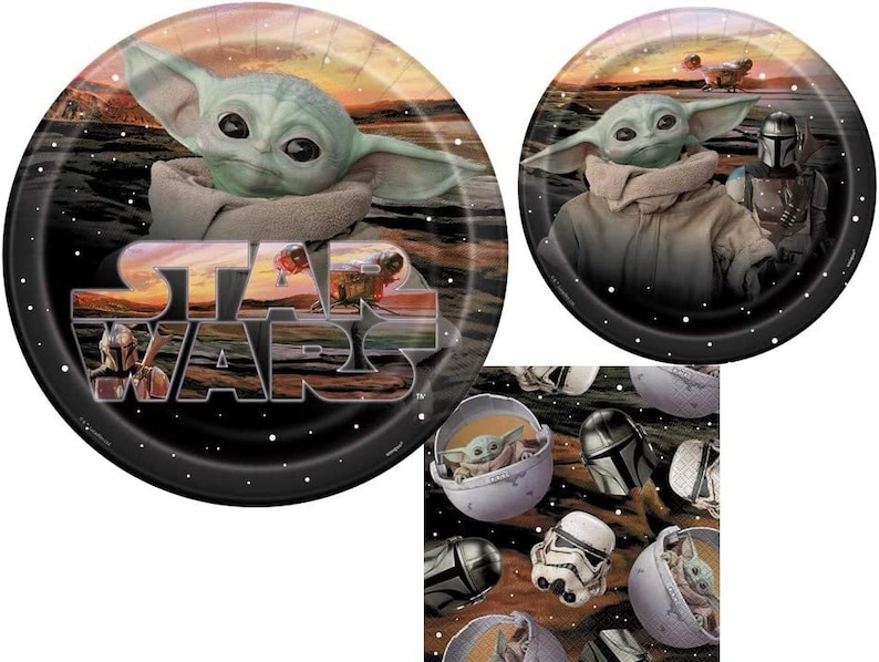Confezione per 8 articoli per feste Mandalorian The Child Baby Yoda Bundle con piatti piani e tovaglioli per 16 ospiti immagine 1
