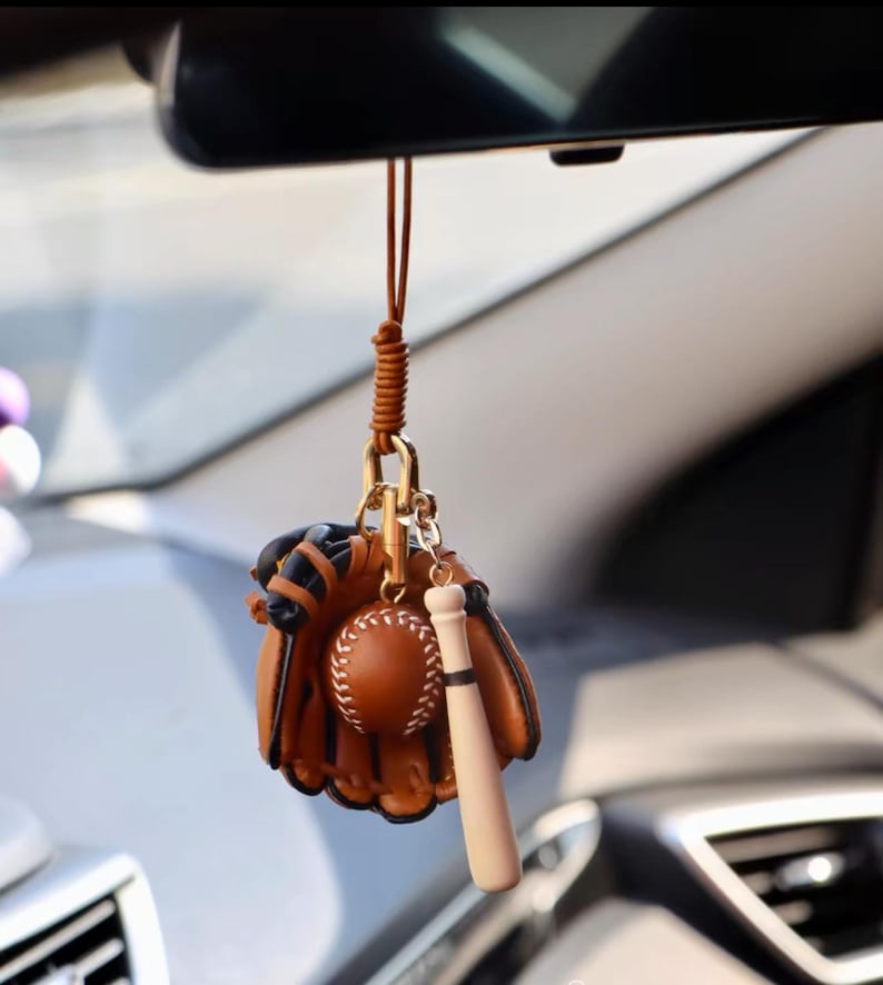 Handmade Genuine Leather Baseball Glove Bat Key Chain Bag Charms Car