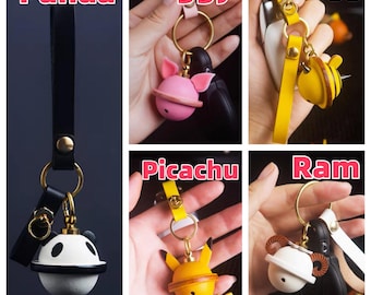 Handmade Genuine Leather Animal Bell Keychain: Kawaii Bag Charm panda pig bee ram