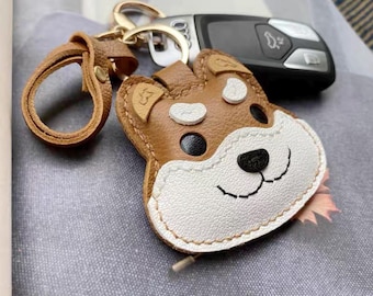 Handmade Genuine Leather Shiba Inu Keychain: Puppy Dog Bag Charm pet lover gift idea holiday birthday