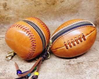 Handmade Genuine Leather Baseball Football Coin Purse: Sports baseball fan bag charm gift idea birthday holiday